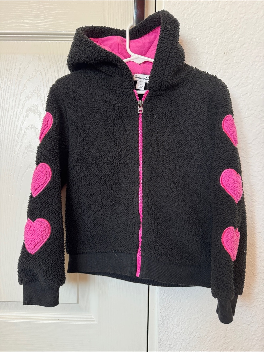 Splendid Black Sherpa Hoodie with Hot Pink Heart Accents